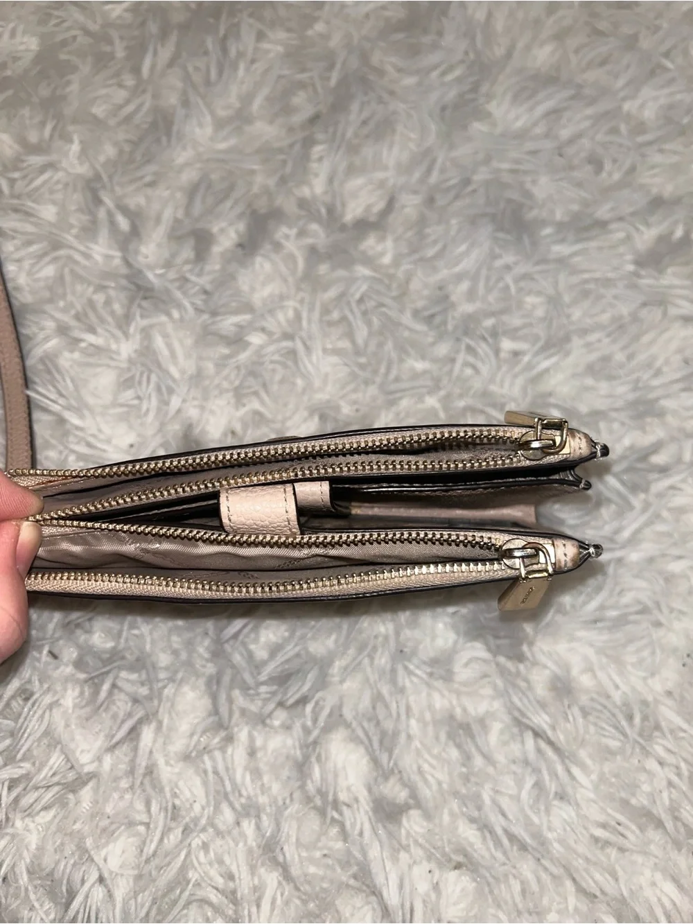 Michael Kors pebbled leather wristlet wallet pinkish tan with gold-tone hardware